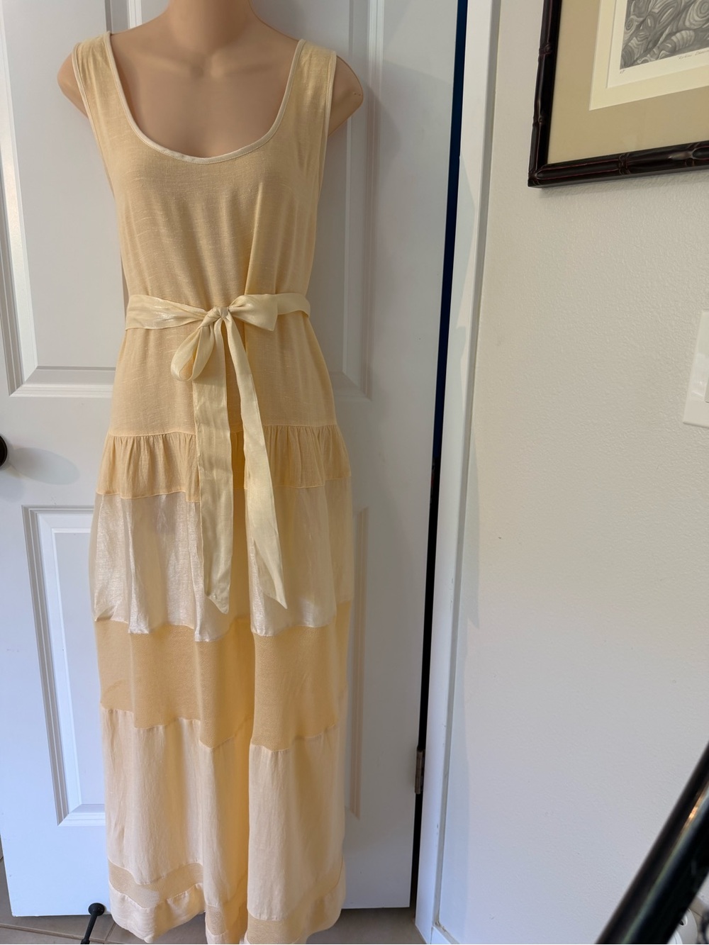Free People Pale Yellow Tiered Maxi Dress with Waist Tie